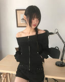 Potic Rivet Pocket Pile Off Shoulder Zip-up