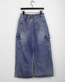 Pluck cut cargo pocket back band slit denim long skirt