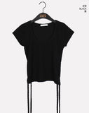 Celty Embossing Back Slit Strap U-Neck Short Sleeve T-shirt