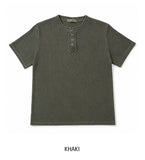 Wheat Pigment Rib Muscle Henley Neck Short Sleeve T-shirt