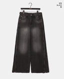 Binden side pin tuck back pocket wide denim pants