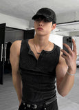 Pigment Henley Neck Damage Detail Muscle Fit Sleeveless