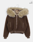 Rurin fluffy fur quilted short hood zip-up