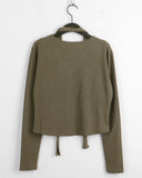 [Scarf Set] Purden Ribbed Side Shirring Crop Long Sleeve T-shirt