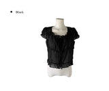 Neron Shirring Frill Ribbon Puff See-through Short Sleeve Blouse