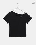 Sasha Stud Rivet Unbalanced Off-Shoulder Short Sleeve T-Shirt
