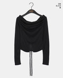 Mebel Shirring Off-Shoulder Back Slit Ribbon Strap Long-Sleeved T-Shirt