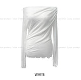 Ruffle see-through shirring drape long sleeve