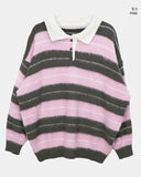 Here Color Matching Stripe Collar Neck Button Long Sleeve Knit
