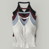 Halterneck Button With Cup Crop Rib Sleeveless