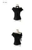 Scon Stripe Plain One-Shoulder Ribbon Short Sleeve T-Shirt