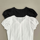 Summer Lace Pattern Puff Short Sleeve Ribbon Blouse