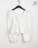 Ruson Puff Ribbon Shirred Square Neck Long Sleeve Blouse