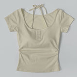 Slim Fit Cup Halter Strap Fake Layered Shirring Short Sleeve T-shirt