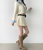 Tweed Two-Piece Crop Jacket Belt Mini Skirt Pants Set