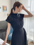 Foven Cowl Neck Wrinkle Banding Wrap Long One Piece