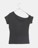Az Pigment Washing Unbalanced One Off-Shoulder Button Short Sleeve T-shirt