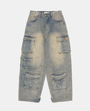 Multi cargo hem snap button heavy denim pants