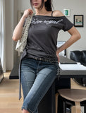 Royal lettering strap unbalanced shoulder short sleeves