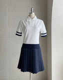 Delun Color Matching Collar Pleated Banding One Piece