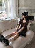 Pamil Vintage V-Neck Button Pleated Half-Length Short-Sleeved T-Shirt
