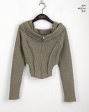 Temt Off-Shoulder Slit Line Ribbed Crop Zip-Up