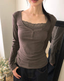 [MADE] Newbe Lace Point Button Ribbed Long Sleeve T-Shirt