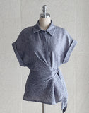 [Two Piece] Duere Linen Wrap Collar Shirt Long Skirt