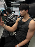 Pigment Dyeing Washing Vintage Muscle Fit Henley Neck Sleeveless