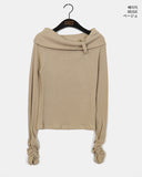 Vision Belt Buckle Shirring Ribbed Off-Shoulder T-Shirt