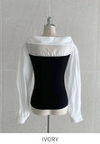 Tello Color Matching Knit Off-shoulder Shirt Blouse