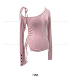 Delitte Stripe Unbalanced Shoulder Long Sleeve