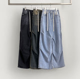Knee Side Pin Tuck Balloon Waist Adjustment Wide Fit Denim Pants