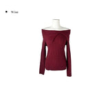 Fuzz Collar Rib Off-Shoulder Slit Long Sleeve Knit