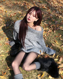 [wool40%] Poly mohair balloon off-shoulder knit