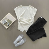 Side Button Wrap Drape Twist Shirring Short Sleeve Knit