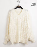 Length cable V-neck loose fit long long sleeve knit