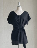 [Two-piece set] Lydia Belt Strap Linen Tee Blouse Banding Flare Skirt