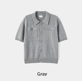 Leviron Two-Pocket Cut-out Collar Short-Sleeve Cardigan