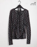 [Scarp set] Feld Checkered See-through Shirring Long Sleeve T-shirt