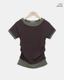 Poson Color Matching Shirring Short Sleeve T-shirt