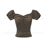 Leopard shirring puff off-shoulder short sleeve