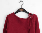 Listy Off-Shoulder Ribbon Strap Ribbed Crop Long Sleeve Knit