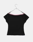 Mki Flower Slit Boat Neck Two-tone Short Sleeve T-shirt