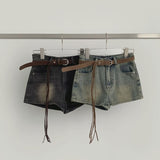 Suede Belt Set Span Denim Shorts