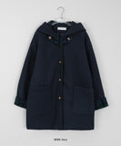 Tikoy check color matching duffel quilted hood wool half coat