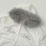 Brushed Two-Way Embroidered Lettering Loose Fit Fur Hood Zip-Up