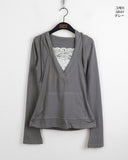 Rti Vintage V-neck Lace Hood Long Sleeve T-shirt