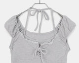 [Fake Layered] Jaden Eyelet Ribbon Halter Neck Shirring Puff Sleeveless