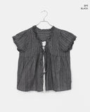 Hichu Stripe Frill Lace Ribbon Short Sleeve Blouse